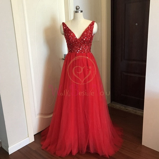 Prom Dresses  Pink High Split Tulle Sweep Train Sleeveless Evening Gown A-line Lace Up Backless