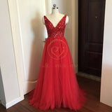 Prom Dresses  Pink High Split Tulle Sweep Train Sleeveless Evening Gown A-line Lace Up Backless