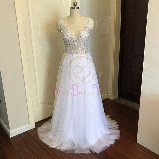 Prom Dresses  Pink High Split Tulle Sweep Train Sleeveless Evening Gown A-line Lace Up Backless