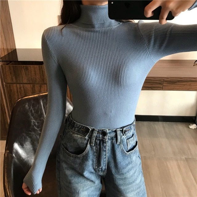 Women Knitted Ribbed Pullover Sweater Long Sleeve Turtleneck Slim Jumper