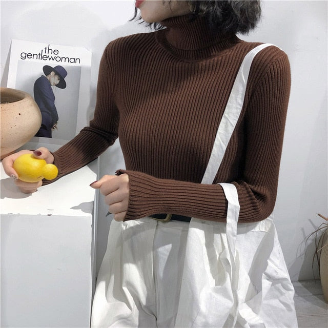 Women Knitted Ribbed Pullover Sweater Long Sleeve Turtleneck Slim Jumper