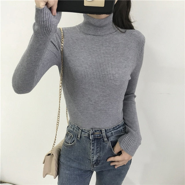 Women Knitted Ribbed Pullover Sweater Long Sleeve Turtleneck Slim Jumper