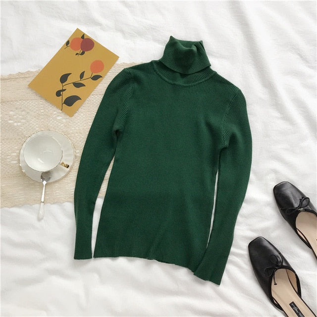 Women Knitted Ribbed Pullover Sweater Long Sleeve Turtleneck Slim Jumper