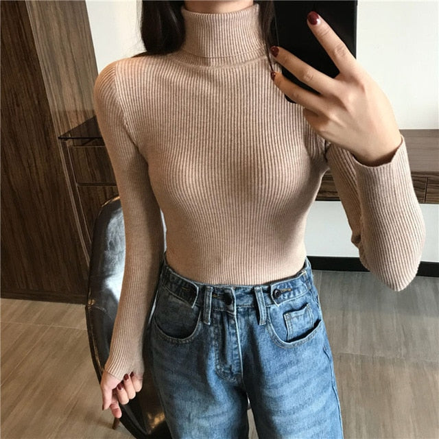 Women Knitted Ribbed Pullover Sweater Long Sleeve Turtleneck Slim Jumper
