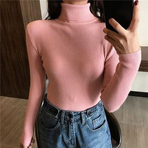 Women Knitted Ribbed Pullover Sweater Long Sleeve Turtleneck Slim Jumper