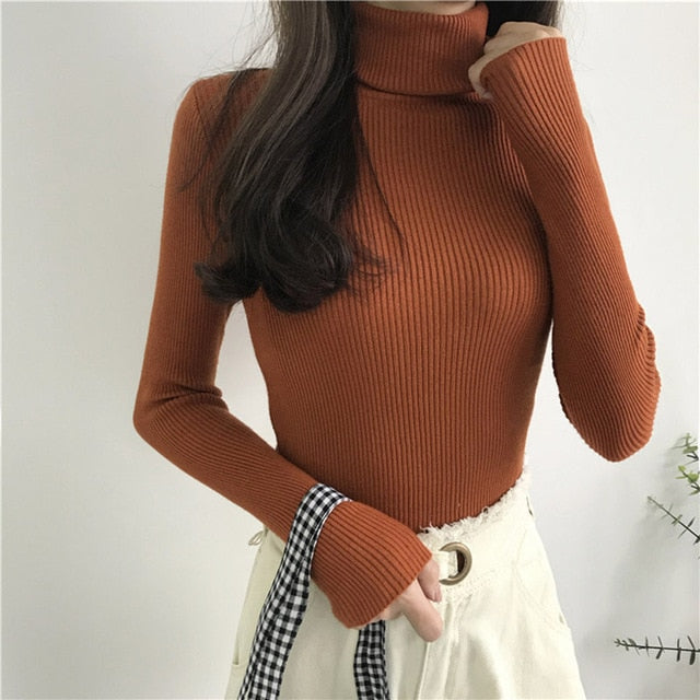 Women Knitted Ribbed Pullover Sweater Long Sleeve Turtleneck Slim Jumper