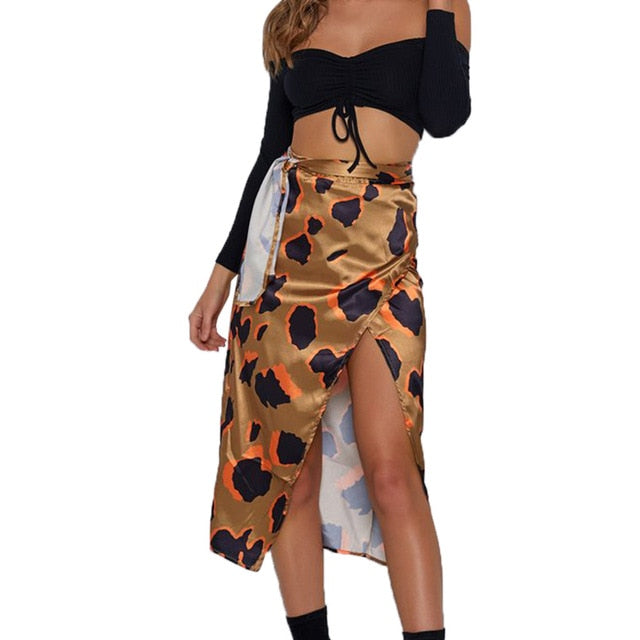 Women Skirt Fashion Sexy Print High Waist Irregular Split Bandage Pencil Skirt