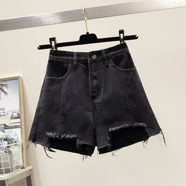 Shorts Women Denim Solid high Waisted Crimping Casual  Buttons Washed Chic Simple