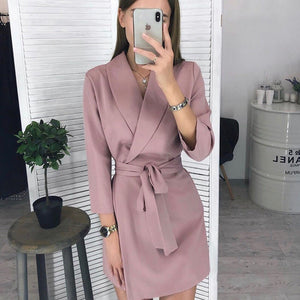 Women Vintage Sashes A-line Party Mini Dress Long Sleeve Notched Collar Solid Casual