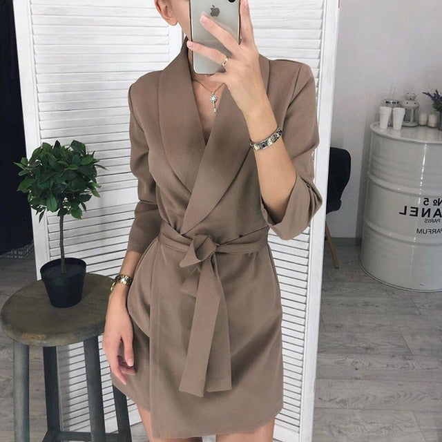 Women Vintage Sashes A-line Party Mini Dress Long Sleeve Notched Collar Solid Casual