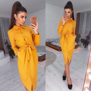 Women Vintage Front Button Sashes A-line Dress Turn Down Collar Solid Elegant Dress