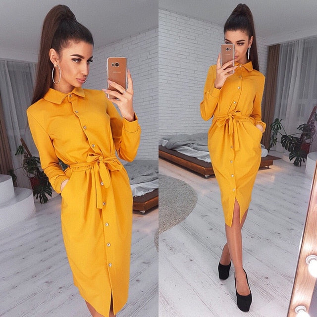 Women Vintage Front Button Sashes A-line Dress Turn Down Collar Solid Elegant Dress