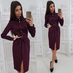 Women Vintage Front Button Sashes A-line Dress Turn Down Collar Solid Elegant Dress