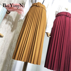 High Waist Women Skirt Casual Vintage Solid Belted Pleated Midi Skirts