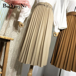 High Waist Women Skirt Casual Vintage Solid Belted Pleated Midi Skirts