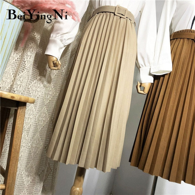 High Waist Women Skirt Casual Vintage Solid Belted Pleated Midi Skirts