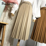 High Waist Women Skirt Casual Vintage Solid Belted Pleated Midi Skirts