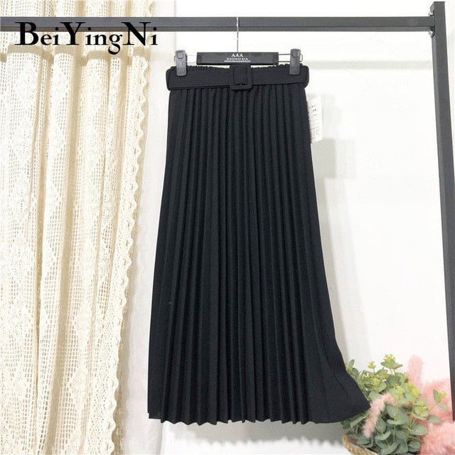 High Waist Women Skirt Casual Vintage Solid Belted Pleated Midi Skirts