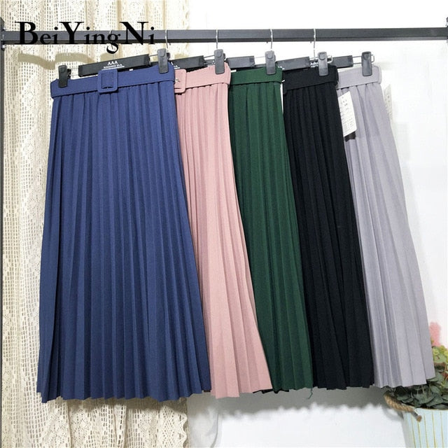 High Waist Women Skirt Casual Vintage Solid Belted Pleated Midi Skirts