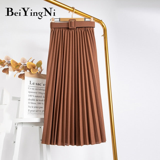 High Waist Women Skirt Casual Vintage Solid Belted Pleated Midi Skirts