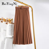 High Waist Women Skirt Casual Vintage Solid Belted Pleated Midi Skirts