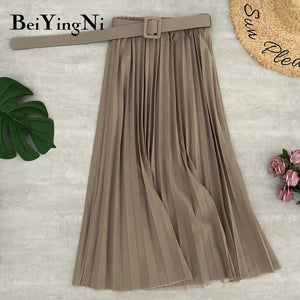 High Waist Women Skirt Casual Vintage Solid Belted Pleated Midi Skirts