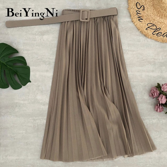 High Waist Women Skirt Casual Vintage Solid Belted Pleated Midi Skirts