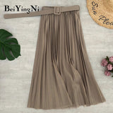 High Waist Women Skirt Casual Vintage Solid Belted Pleated Midi Skirts