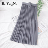 High Waist Women Skirt Casual Vintage Solid Belted Pleated Midi Skirts