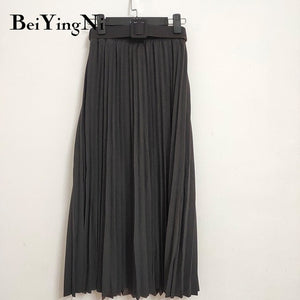 High Waist Women Skirt Casual Vintage Solid Belted Pleated Midi Skirts