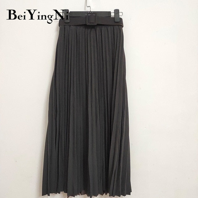 High Waist Women Skirt Casual Vintage Solid Belted Pleated Midi Skirts