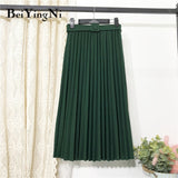 High Waist Women Skirt Casual Vintage Solid Belted Pleated Midi Skirts