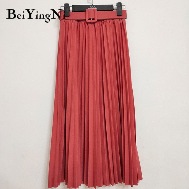 High Waist Women Skirt Casual Vintage Solid Belted Pleated Midi Skirts