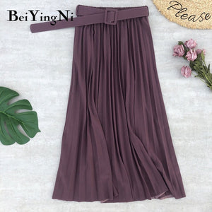 High Waist Women Skirt Casual Vintage Solid Belted Pleated Midi Skirts