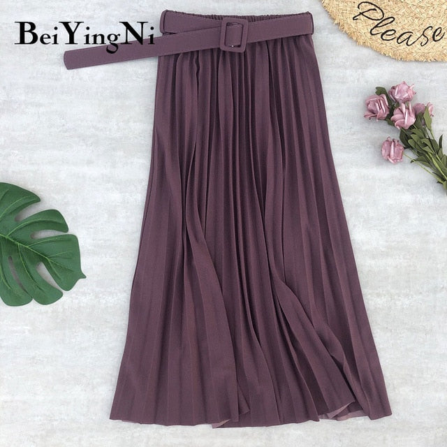 High Waist Women Skirt Casual Vintage Solid Belted Pleated Midi Skirts