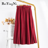 High Waist Women Skirt Casual Vintage Solid Belted Pleated Midi Skirts