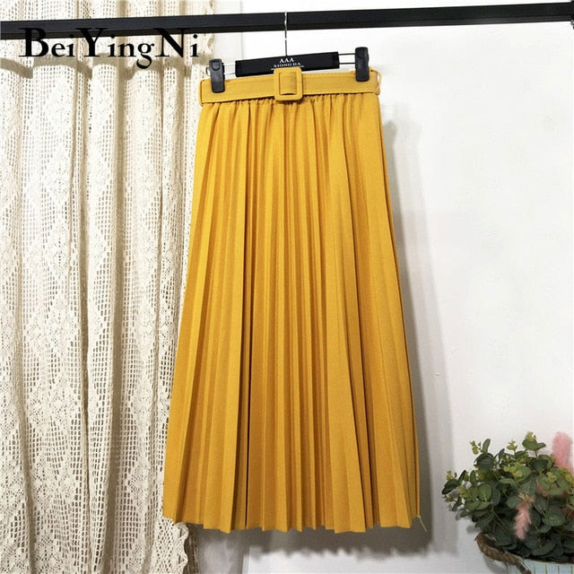 High Waist Women Skirt Casual Vintage Solid Belted Pleated Midi Skirts