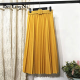High Waist Women Skirt Casual Vintage Solid Belted Pleated Midi Skirts