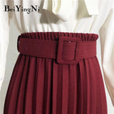 High Waist Women Skirt Casual Vintage Solid Belted Pleated Midi Skirts