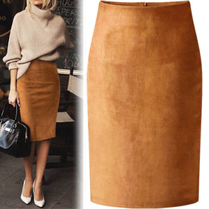 Sexy Multi Color Suede Midi Pencil Skirt  Fashion Elastic High Waist Office Lady skirt