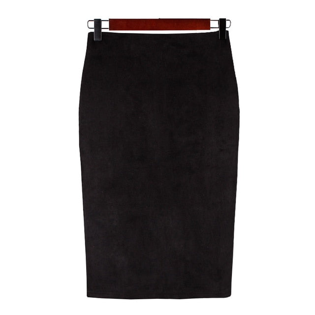 Sexy Multi Color Suede Midi Pencil Skirt  Fashion Elastic High Waist Office Lady skirt