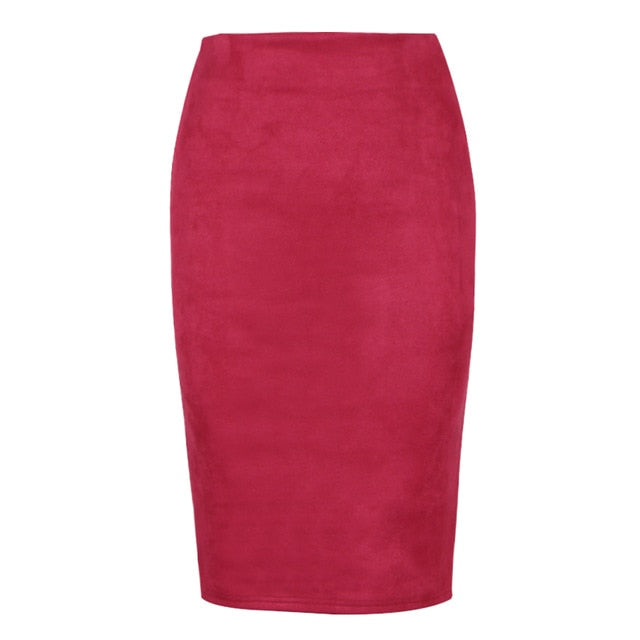 Sexy Multi Color Suede Midi Pencil Skirt  Fashion Elastic High Waist Office Lady skirt