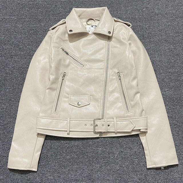 Pu Faux Leather Jacket Women White Black Zipper Slim Short Biker Jackets Coat