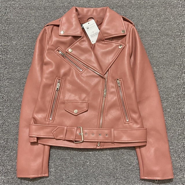 Pu Faux Leather Jacket Women White Black Zipper Slim Short Biker Jackets Coat