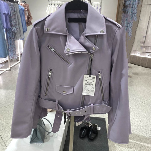 Pu Faux Leather Jacket Women White Black Zipper Slim Short Biker Jackets Coat