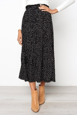 White Dots Floral Print Pleated Midi Skirt Women Elastic High Waist Side Pockets Skirts