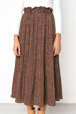 White Dots Floral Print Pleated Midi Skirt Women Elastic High Waist Side Pockets Skirts