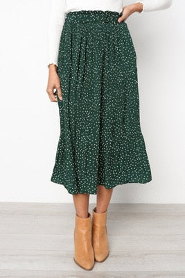 White Dots Floral Print Pleated Midi Skirt Women Elastic High Waist Side Pockets Skirts
