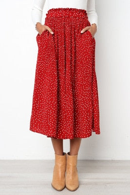 White Dots Floral Print Pleated Midi Skirt Women Elastic High Waist Side Pockets Skirts