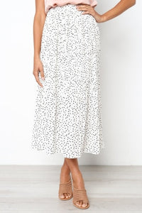 White Dots Floral Print Pleated Midi Skirt Women Elastic High Waist Side Pockets Skirts